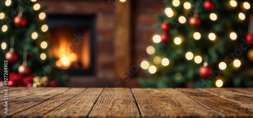 Wood table top on blur with bokeh christmas tree background with snowfall - can be used for display or montage your products