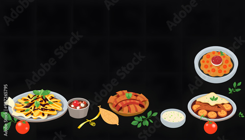 Italian food dishes on dark background. Traditional food concept isolated with white highlights, png