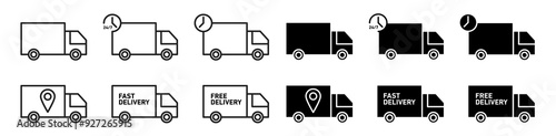 Delivery truck icon set. quick express parcel distribution service moving truck symbol. order courier and goods shipping transport van sign. 
free delivery vector icon pack.