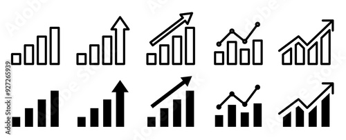 increase chart icon set. growth up arrow graph vector symbol. economic stock market trend sign. profit or revenue rise icon. data forecast statistic sign. money investment growth symbol