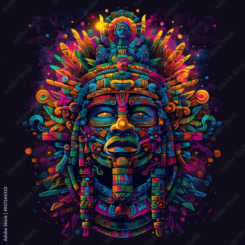 Naklejka premium A detailed, colorful depiction of a Mayan headdress and mask showcasing ancient artistry and cultural symbols