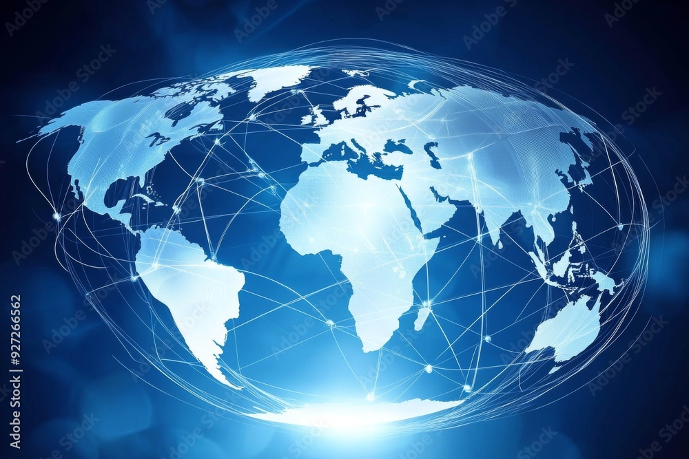 Abstract Global Network Concept with World Map and Connection Lines on Blue Background, Illustrating Business Technology and Digital Connectivity Abstract Global Network Concept with World Map and Connection Lines on Blue Background, Illustrating Business Technology and Digital Connectivity
