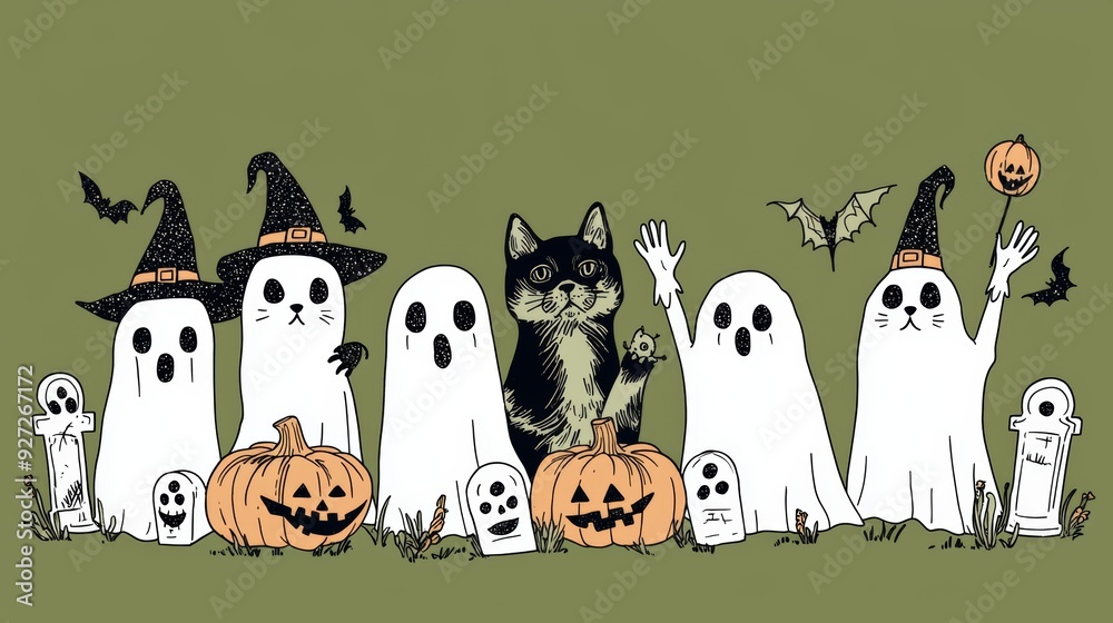 Naklejka premium Cute Halloween Ghost Cats with Pumpkins and Bats