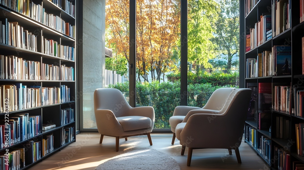 Cozy Reading Nook Surrounded by Floor to Ceiling Bookshelves in Serene Natural Setting Cozy Reading Nook Surrounded by Floor to Ceiling Bookshelves in Serene Natural Setting