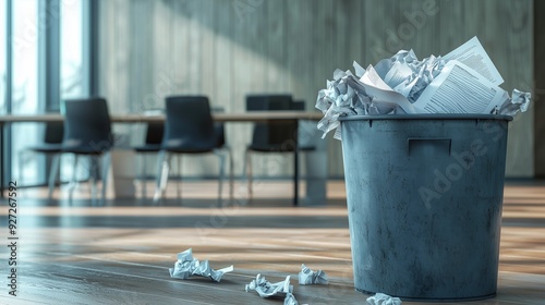 A trash bin filled with crumpled papers in an empty conference room symbolizes inefficiency and a business lacking future perspective. photo