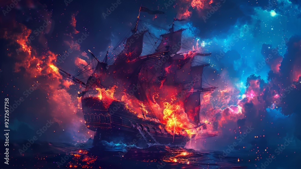 A pirate ship engulfed in flames navigates through vibrant cosmic waters A pirate ship engulfed in flames navigates through vibrant cosmic waters