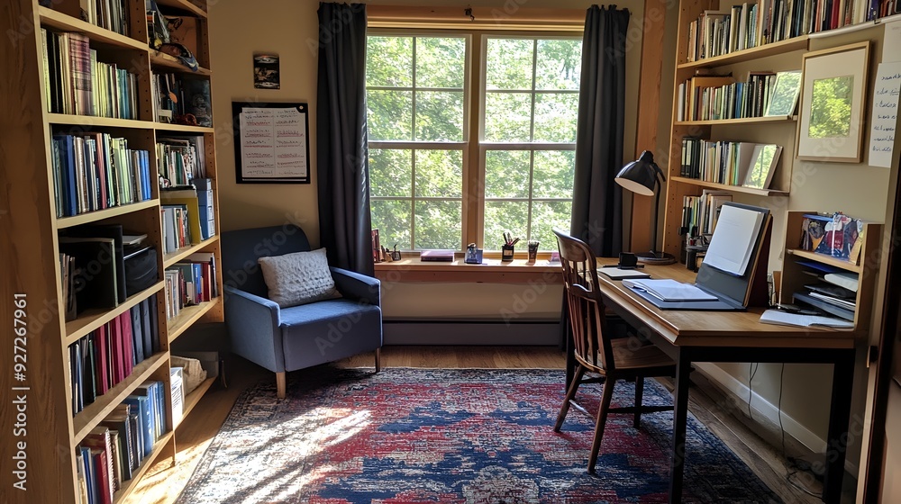 Cozy Homeschooling Study Space with Bookshelves and Natural Light Cozy Homeschooling Study Space with Bookshelves and Natural Light