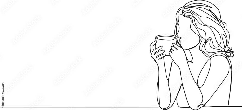 continuous single line drawing of woman drinking from coffee mug, line art vector illustration continuous single line drawing of woman drinking from coffee mug, line art vector illustration