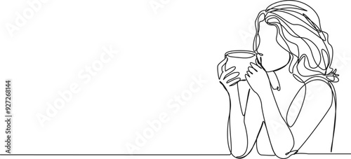 continuous single line drawing of woman drinking from coffee mug, line art vector illustration