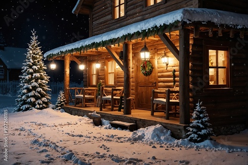 Winter rustic interior decorated for New year with artificial snow and Christmas tree. Winter exterior of a country house with Christmas decorations in rustic style. Christmas eve