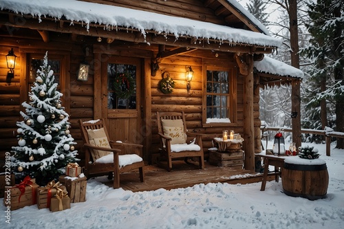 Winter rustic interior decorated for New year with artificial snow and Christmas tree. Winter exterior of a country house with Christmas decorations in rustic style. Christmas eve