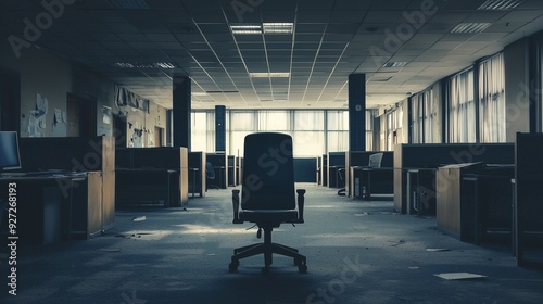 Dimly lit, empty office with unoccupied chairs and desks, symbolizing a stagnant business environment.