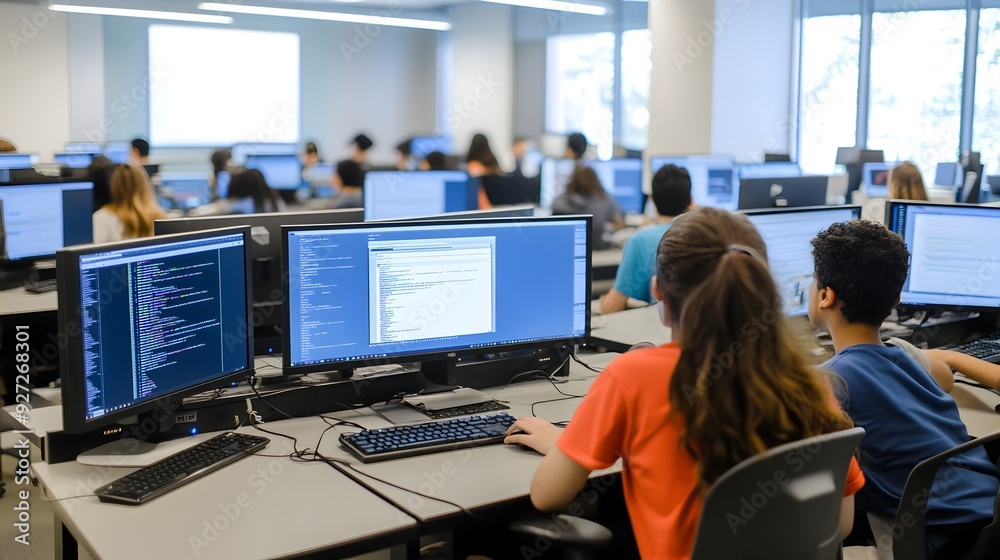 State of the Art Computer Lab with Students Programming and Coding State of the Art Computer Lab with Students Programming and Coding