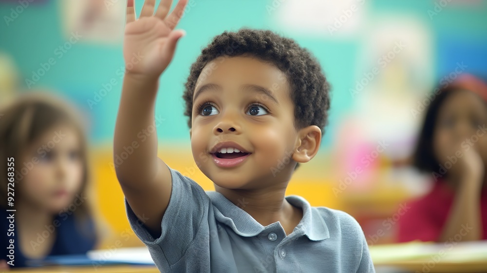 Young Eager Student Raising Hand in Engaging Classroom Discussion Young Eager Student Raising Hand in Engaging Classroom Discussion