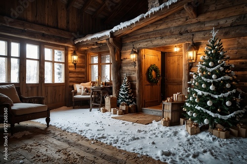 Winter rustic interior decorated for New year with artificial snow and Christmas tree. Winter exterior of a country house with Christmas decorations in rustic style. Christmas eve