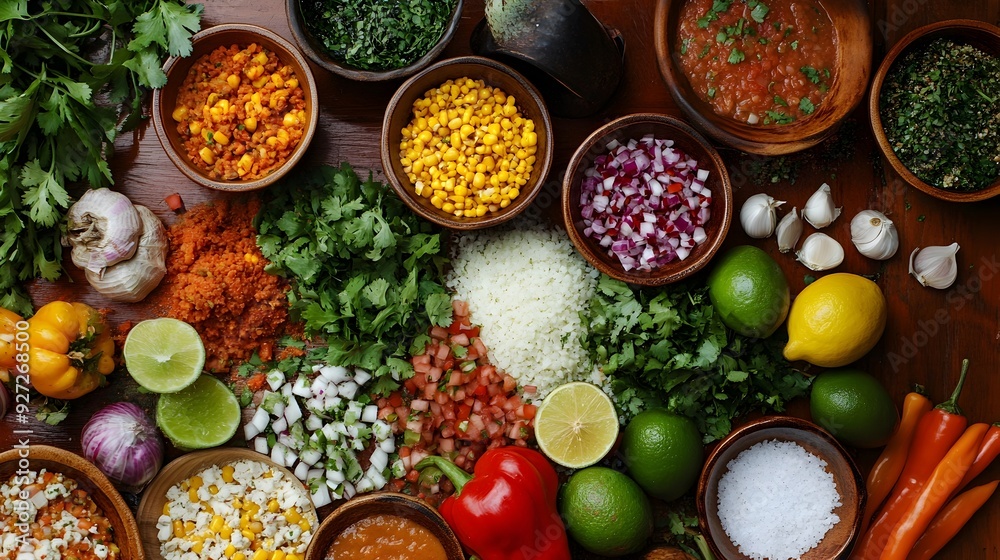 Vibrant Spread of Mexican Feast Ingredients Displayed on Table Vibrant Spread of Mexican Feast Ingredients Displayed on Table