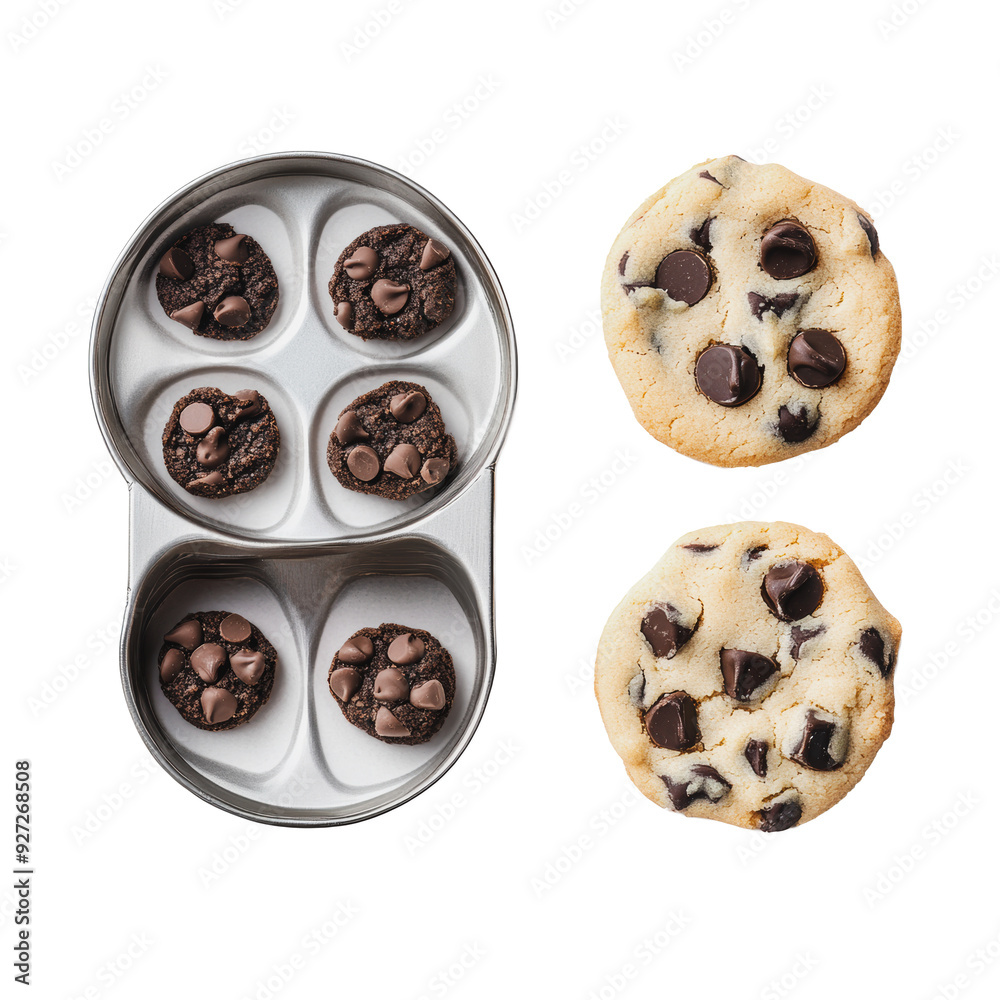 PNG Freshly baked chocolate chip cookies in a tin PNG Freshly baked chocolate chip cookies in a tin