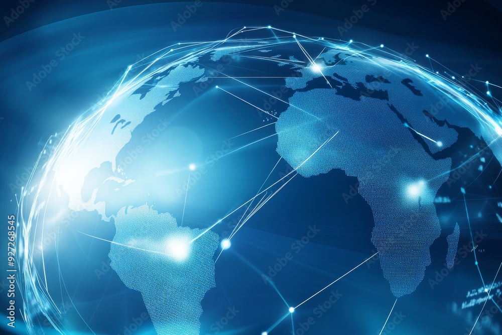 Abstract Global Network Concept with World Map and Connection Lines on Blue Background, Illustrating Business Technology and Digital Connectivity Abstract Global Network Concept with World Map and Connection Lines on Blue Background, Illustrating Business Technology and Digital Connectivity
