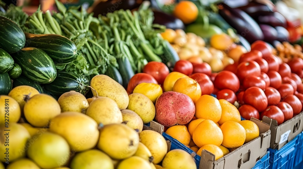 Vibrant Market Stall with Bountiful Fresh Fruits and Vegetables Vibrant Market Stall with Bountiful Fresh Fruits and Vegetables