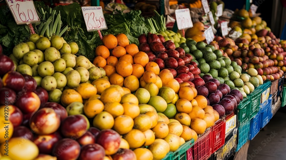 Vibrant Open Air Market Stall Filled with Diverse Fresh Produce and Colorful Fruits and Vegetables Vibrant Open Air Market Stall Filled with Diverse Fresh Produce and Colorful Fruits and Vegetables