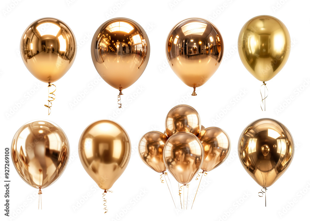 Group of gold party balloons isolated cutout on white background