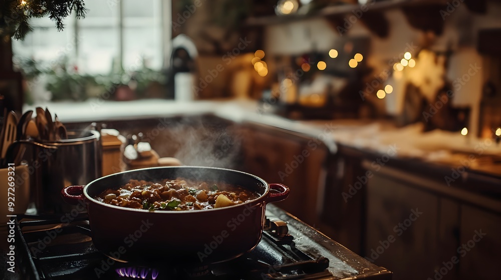 Cozy Winter Kitchen with Simmering Pot of Hearty Homemade Stew Cozy Winter Kitchen with Simmering Pot of Hearty Homemade Stew
