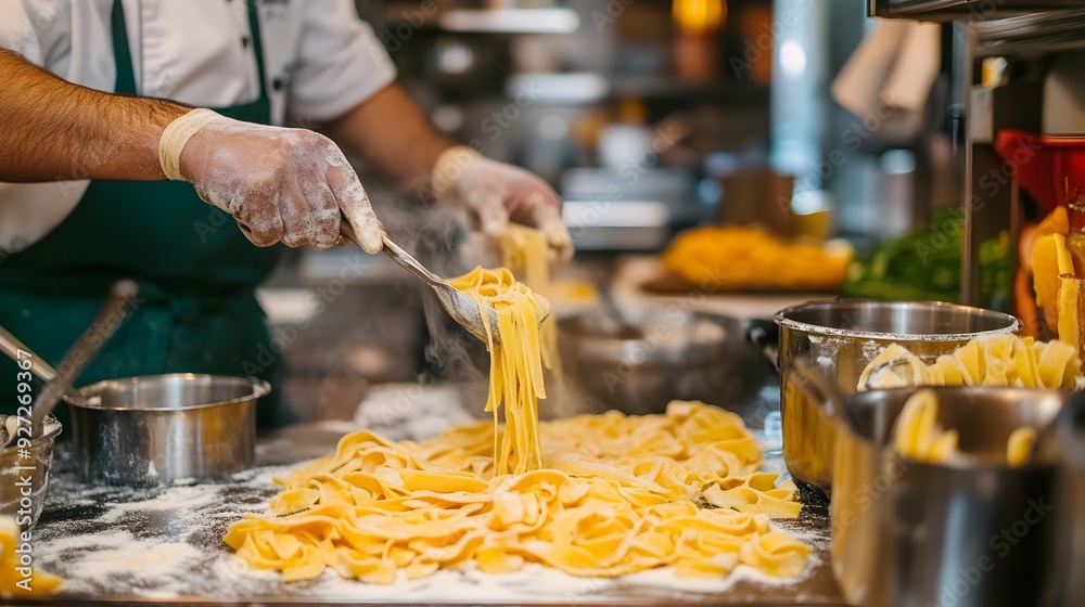 Skilled Chef Preparing Homemade Pasta in a Vibrant Kitchen Surrounded by Fresh Ingredients Skilled Chef Preparing Homemade Pasta in a Vibrant Kitchen Surrounded by Fresh Ingredients