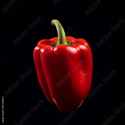 A vibrant red bell pepper with a glossy, smooth surface, showcasing its freshness. The pepper is slightly curved, about 4 inches long and 3 inches wide, on a clean white background. photo