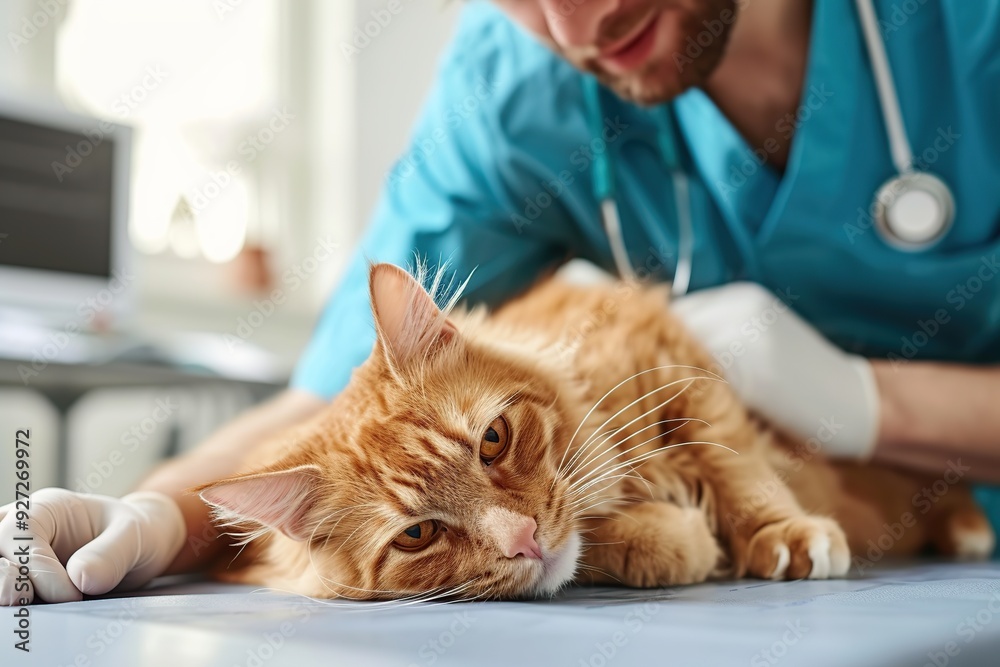 Naklejka premium Young man vet checkup sick cat in vet clinic
