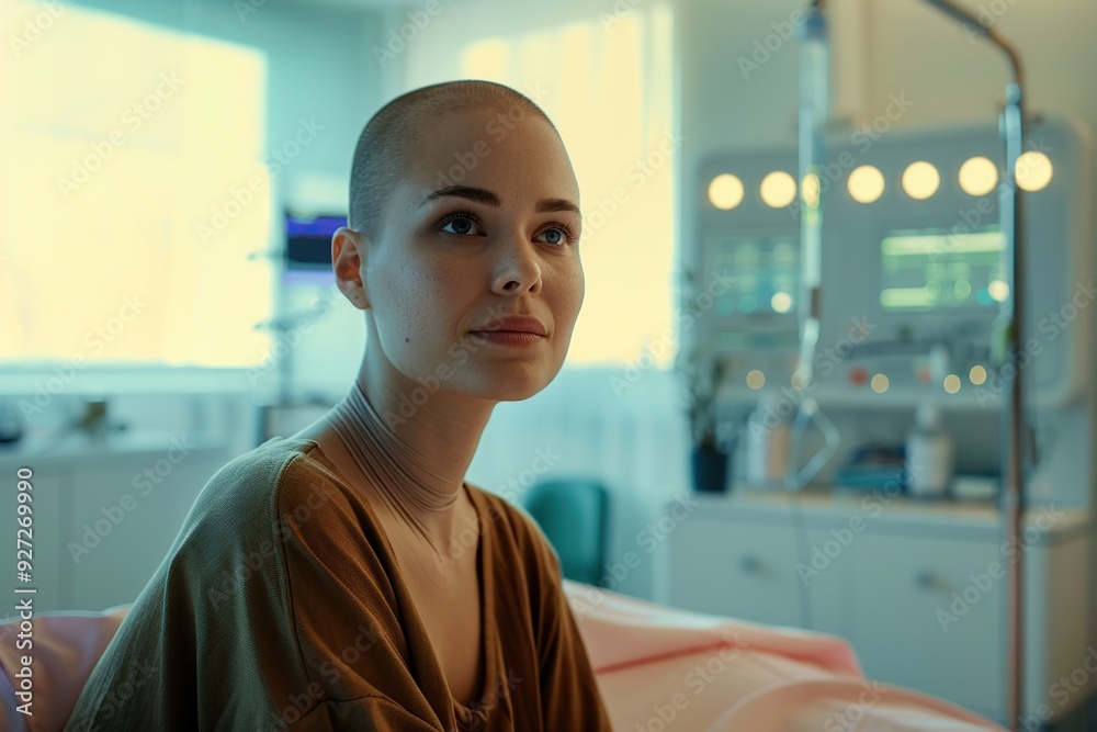 Adult woman with bald head making cancer therapy in the modern hospital Adult woman with bald head making cancer therapy in the modern hospital