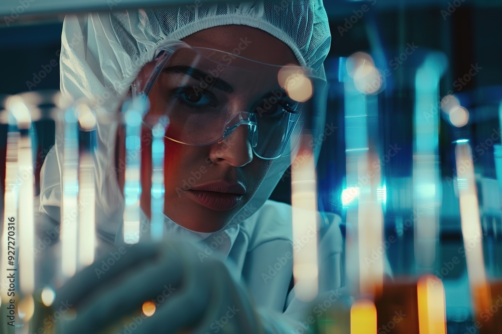 Doctor in protective uniform working with analyzes in test tubes in laboratory Doctor in protective uniform working with analyzes in test tubes in laboratory