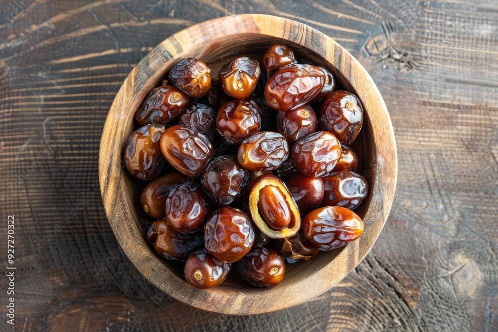 A pile of tasty dates fruit in a wooden bowl a healthy Arabic snack A pile of tasty dates fruit in a wooden bowl a healthy Arabic snack