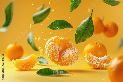 A ripe mandarine with falling leaves isolated on yellow background portraying levitation High resolution photo