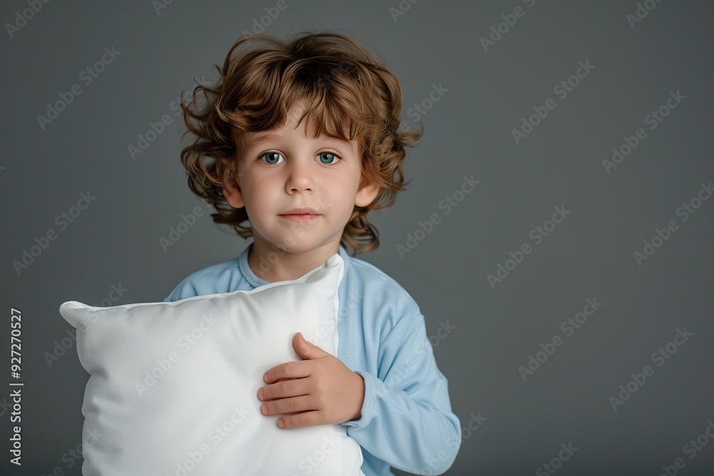 Beautiful child in pajama with pillow on grey background Beautiful child in pajama with pillow on grey background