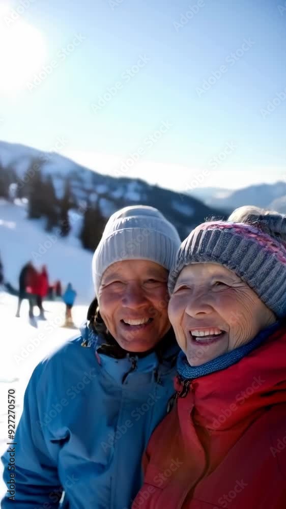 Portrait of asian retired couple at top of snowy mountain for winter sports holidays.