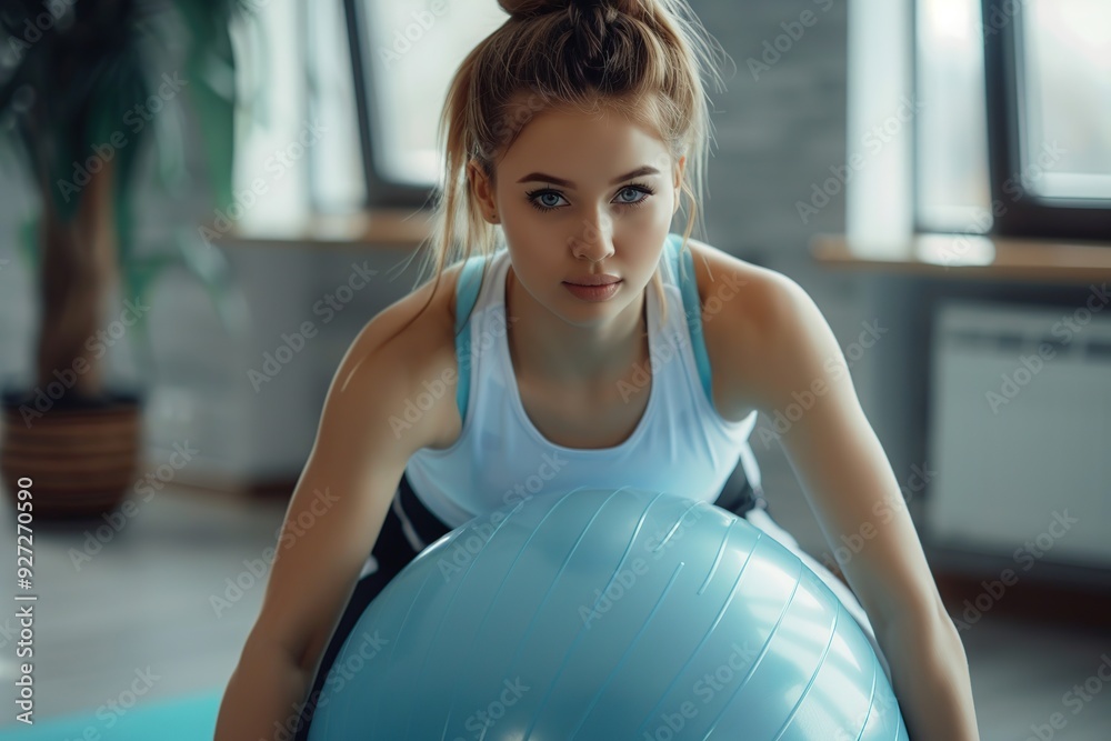 Beautiful woman in sportswear doing exercises on fit ball Beautiful woman in sportswear doing exercises on fit ball