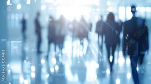 Blurred silhouettes of people walking in a modern building. Abstract background with blurred silhouettes of people walking in a modern office building with bright light and bokeh effect.