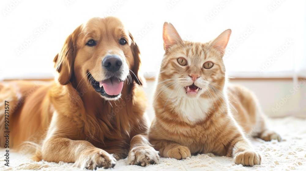 Fototapeta premium Golden retriever and orange tabby cat resting together. A friendly golden retriever and an orange tabby cat relax side by side, displaying a heartwarming bond between species.