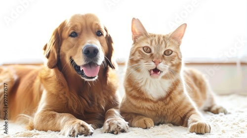 Golden retriever and orange tabby cat resting together. A friendly golden retriever and an orange tabby cat relax side by side, displaying a heartwarming bond between species.