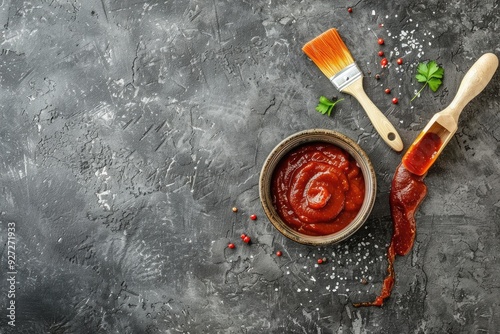 Barbecue sauce in jar with basting brush on gray stone background American food concept top view with space for text