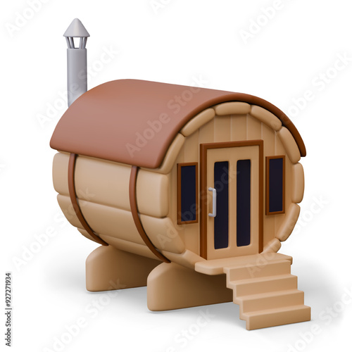 Round wooden sauna with windows and doors. Mini steam room