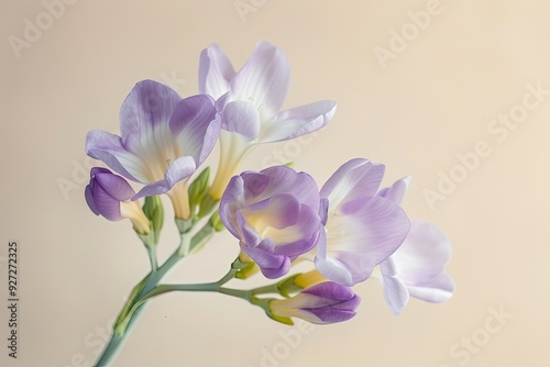 Beautiful violet freesia flower in shallow focus on beige background with pastel colors