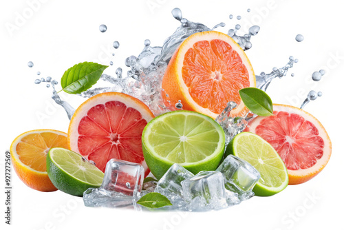 Grapefruit and lime splash water and ice cubes png