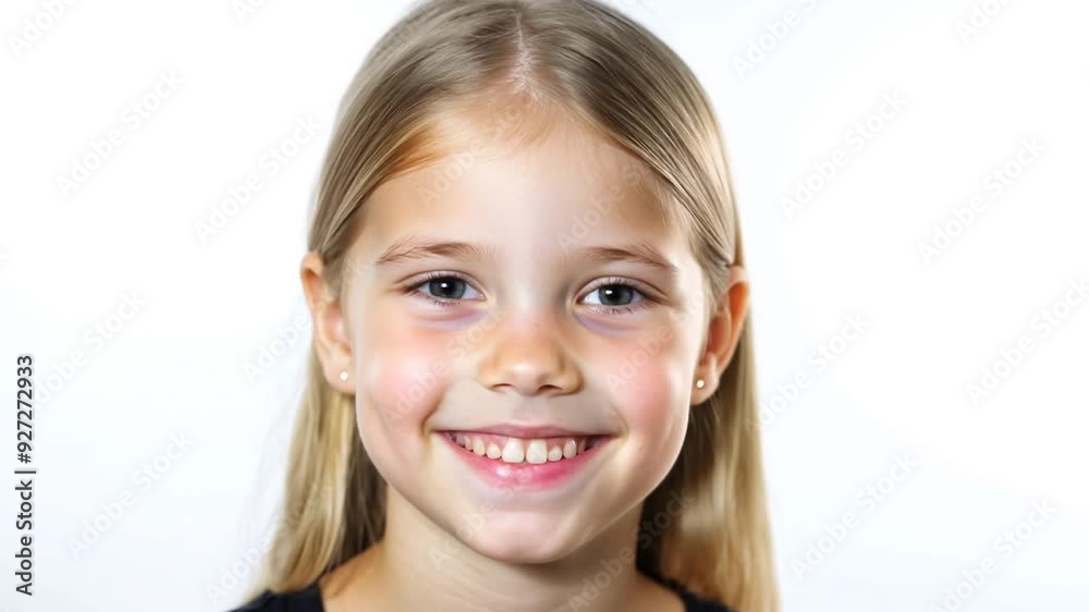Young girl smiling brightly against a light background, showcasing her joyful expression and playful spirit Young girl smiling brightly against a light background, showcasing her joyful expression and playful spirit