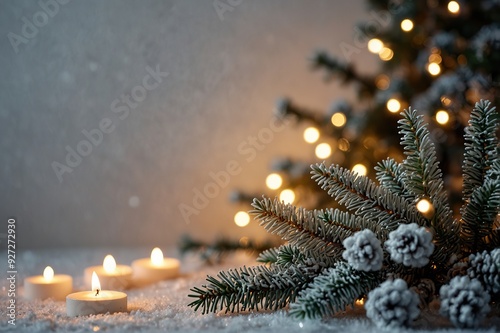 White Christmas background with spruce frosty brunches and Christmas lights