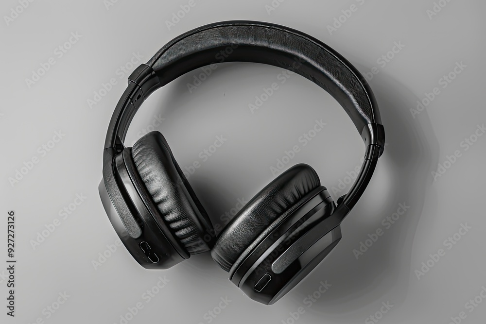 Black wireless headphones on gray surface overhead Black wireless headphones on gray surface overhead