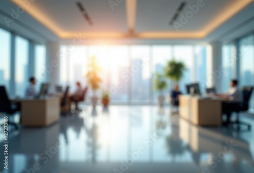 Beautiful Blurred Background of Light Modern Office Interior Panoramic Windows with Soft Lighting and Contemporary Design