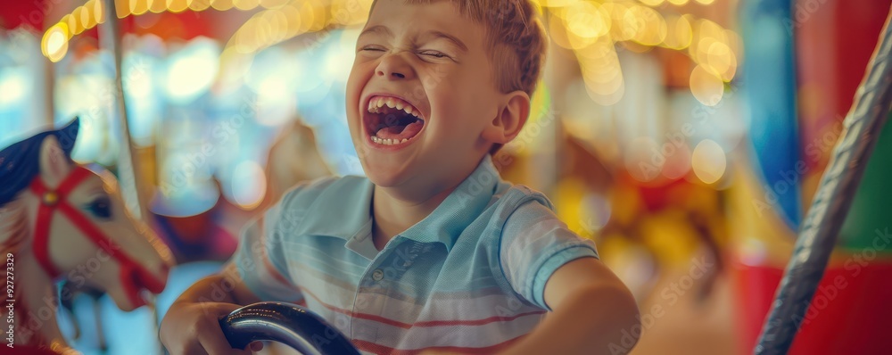 Laughing boy enjoying a ride on a carousel horse, lights glowing around him. Laughing boy enjoying a ride on a carousel horse, lights glowing around him.