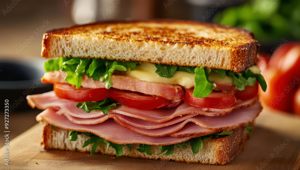 Sandwich with lettuce cheese tomatoes and ham healthy fast food breakfast or lunch Sandwich with lettuce cheese tomatoes and ham healthy fast food breakfast or lunch