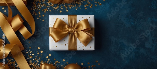 White gift box with golden ribbon bow on blue background with confetti. Christmas present, valentine day surprise, birthday concept. Flat lay, top 